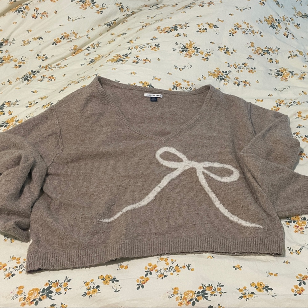 American Eagle Outfitters Brown V-Neck Sweater with White Bow